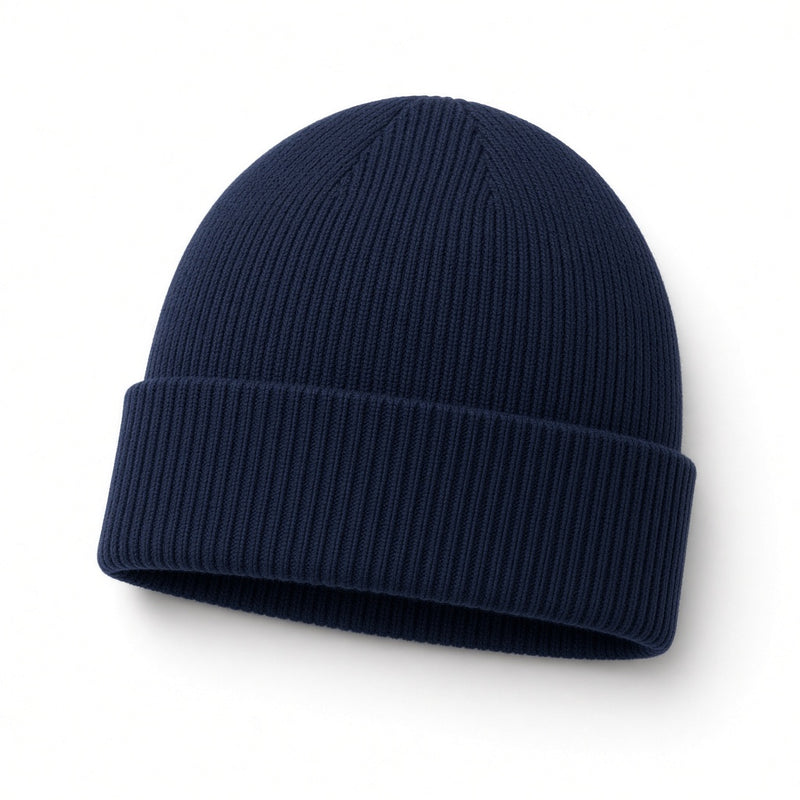 Navy blue knit beanie on a white background