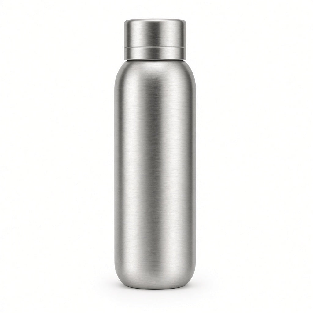 Brushed stainless steel water bottle on a white background