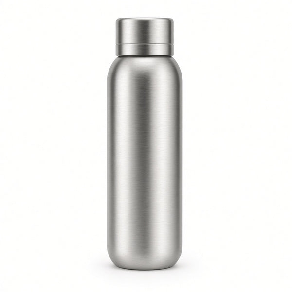 Brushed stainless steel water bottle on a white background