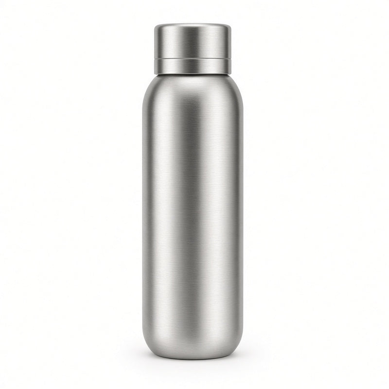 Brushed stainless steel water bottle on a white background