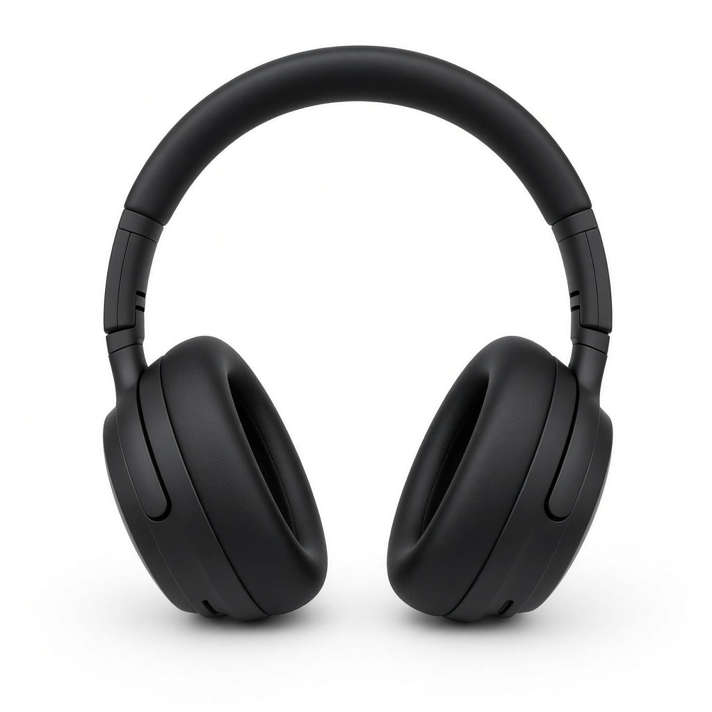 Matte black over-ear headphones on a white background
