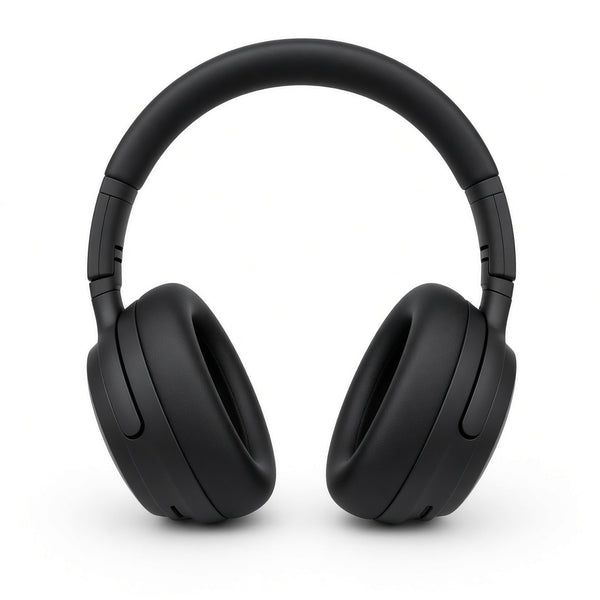 Matte black over-ear headphones on a white background