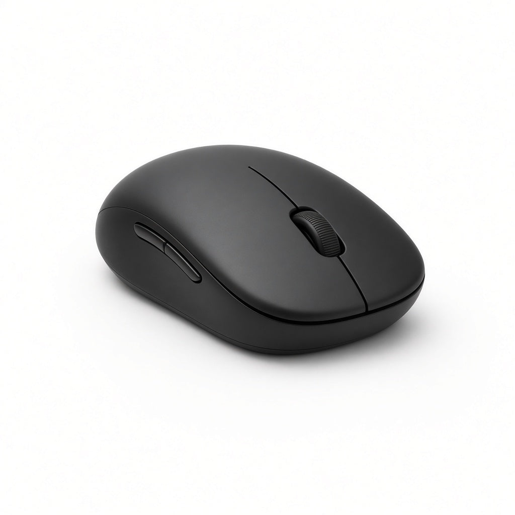 Black wireless computer mouse on a white background