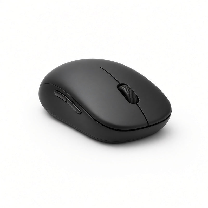 Black wireless computer mouse on a white background
