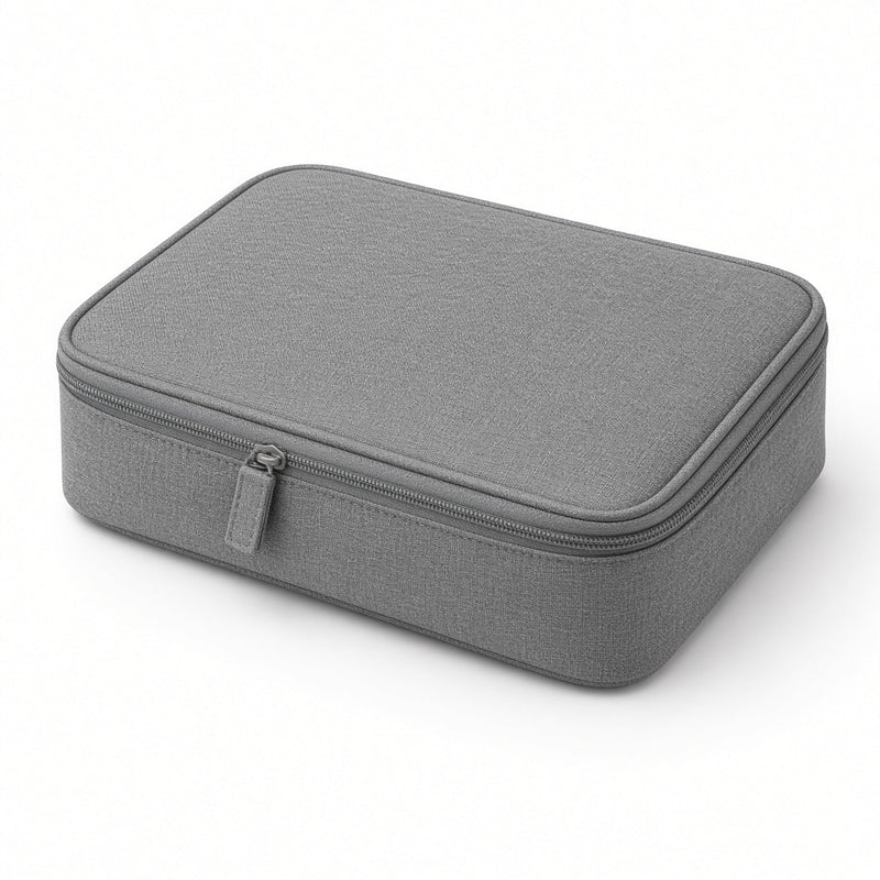 Gray zippered travel toiletry pouch on a white background