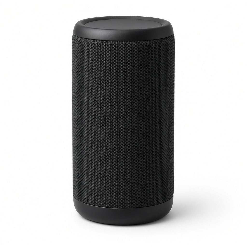 Black portable speaker on a white background