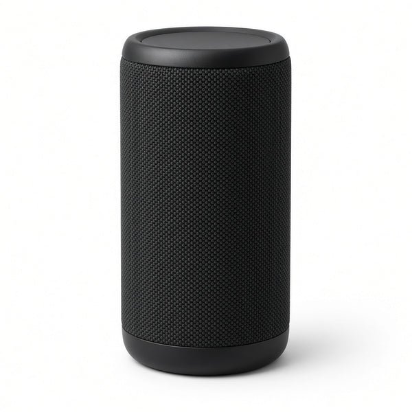 Black portable speaker on a white background