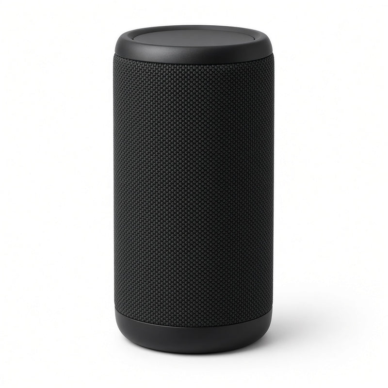 Black portable speaker on a white background