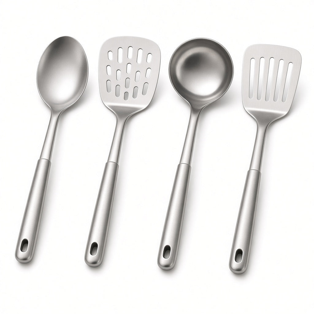 Four stainless steel kitchen utensils on a white background