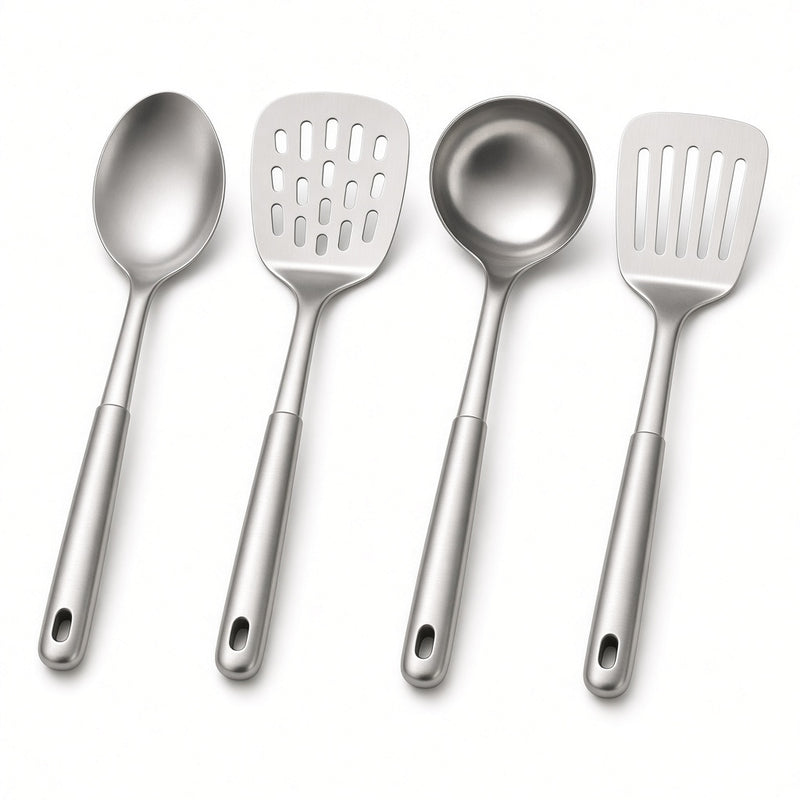 Four stainless steel kitchen utensils on a white background