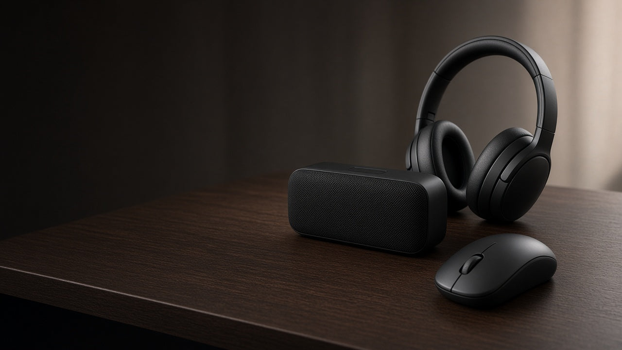 Black headphones, a portable speaker, and a mouse on a dark desk