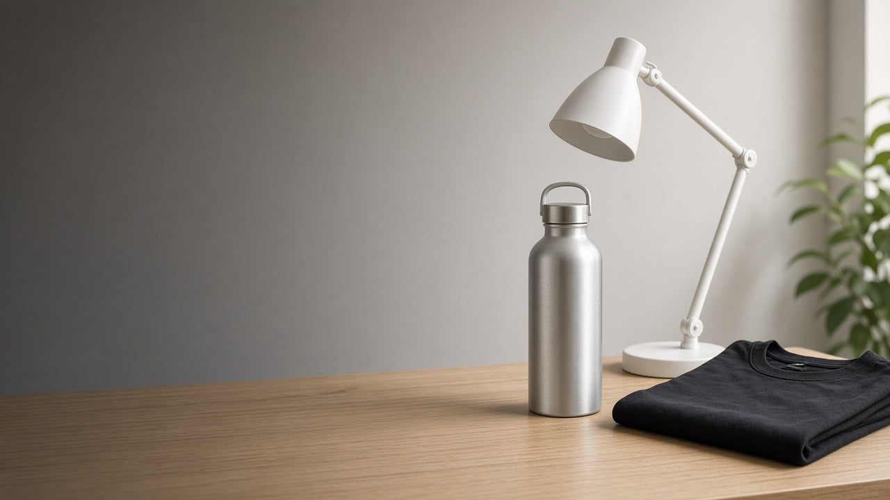 A silver water bottle, a white desk lamp, and a folded black shirt on a wooden table