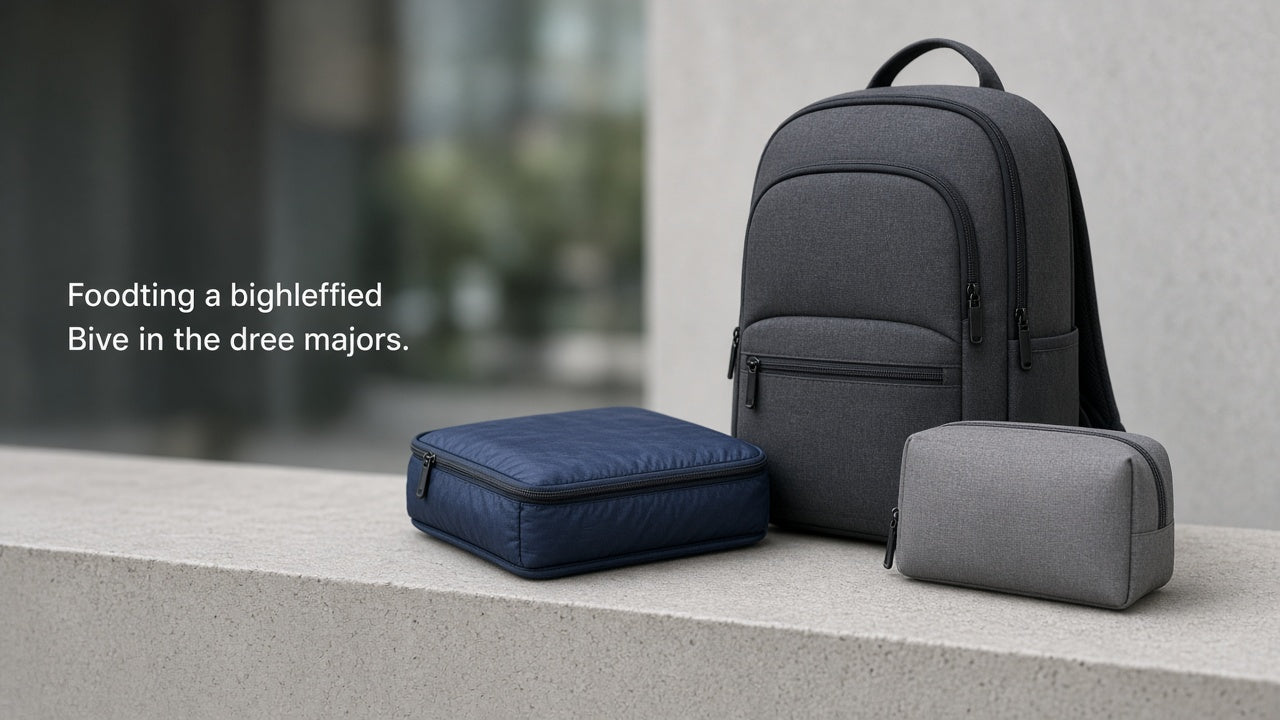A charcoal backpack, navy packing cubes, and a gray pouch on a bench